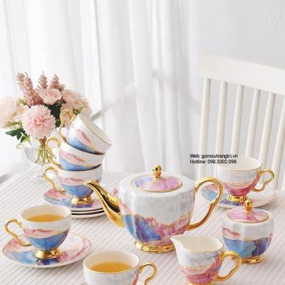 BỘ ẤM CHÉN VÂN ĐÁ VIỀN VÀNG CAO CẤP